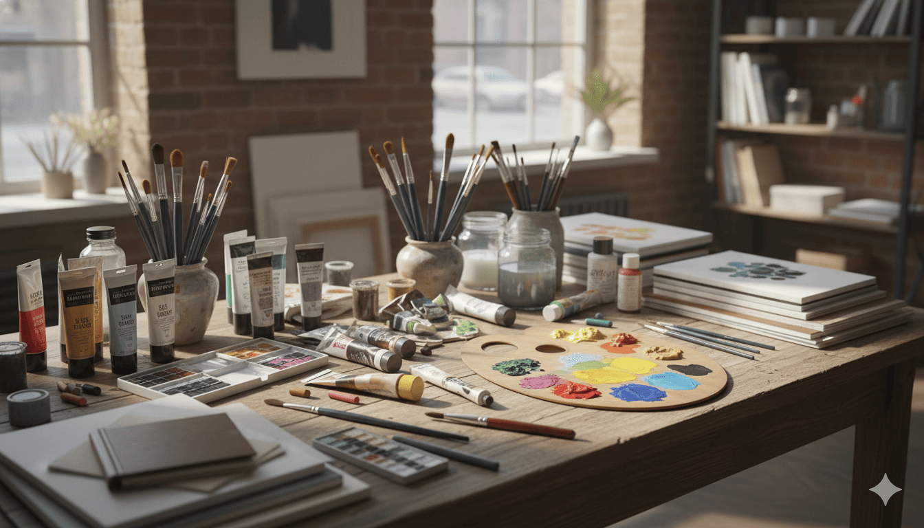 Kunstmaterialer samling inklusiv maling og pensler