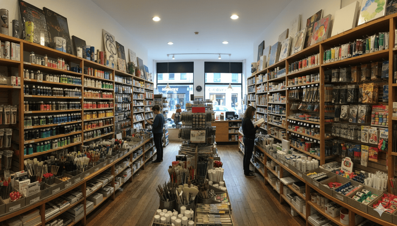 Floxthomquixl butik interiør med hylder fyldt med kunstmaterialer